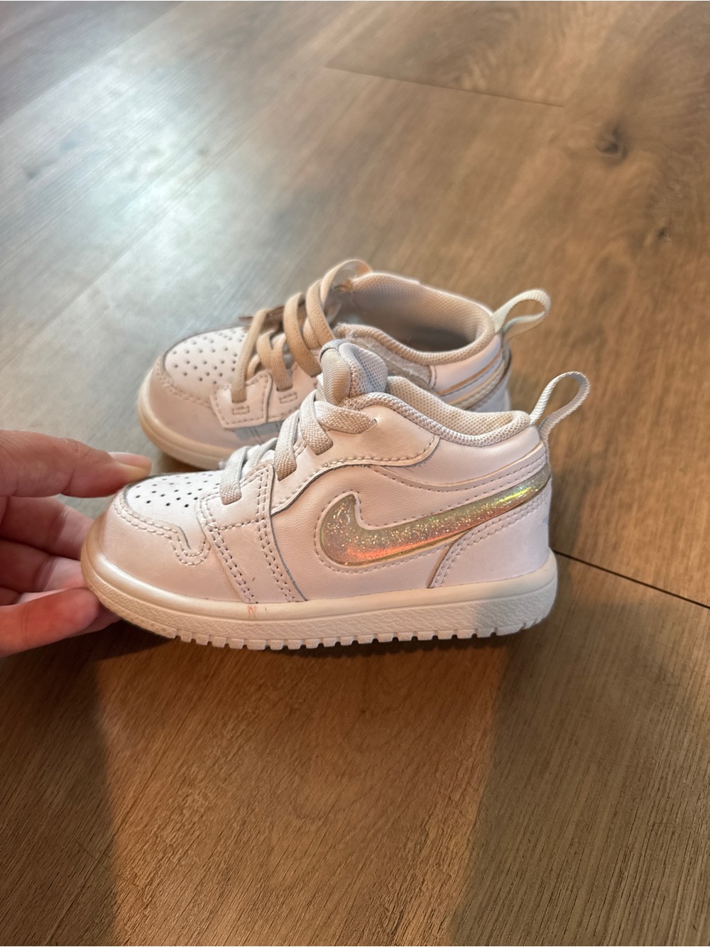Nike Kids White Sneakers with Iridescent Holographic Swoosh